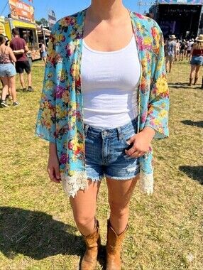 LA Hearts Kimono Blue Floral One Size Cover Up Boho Festival Crochet Fringe
